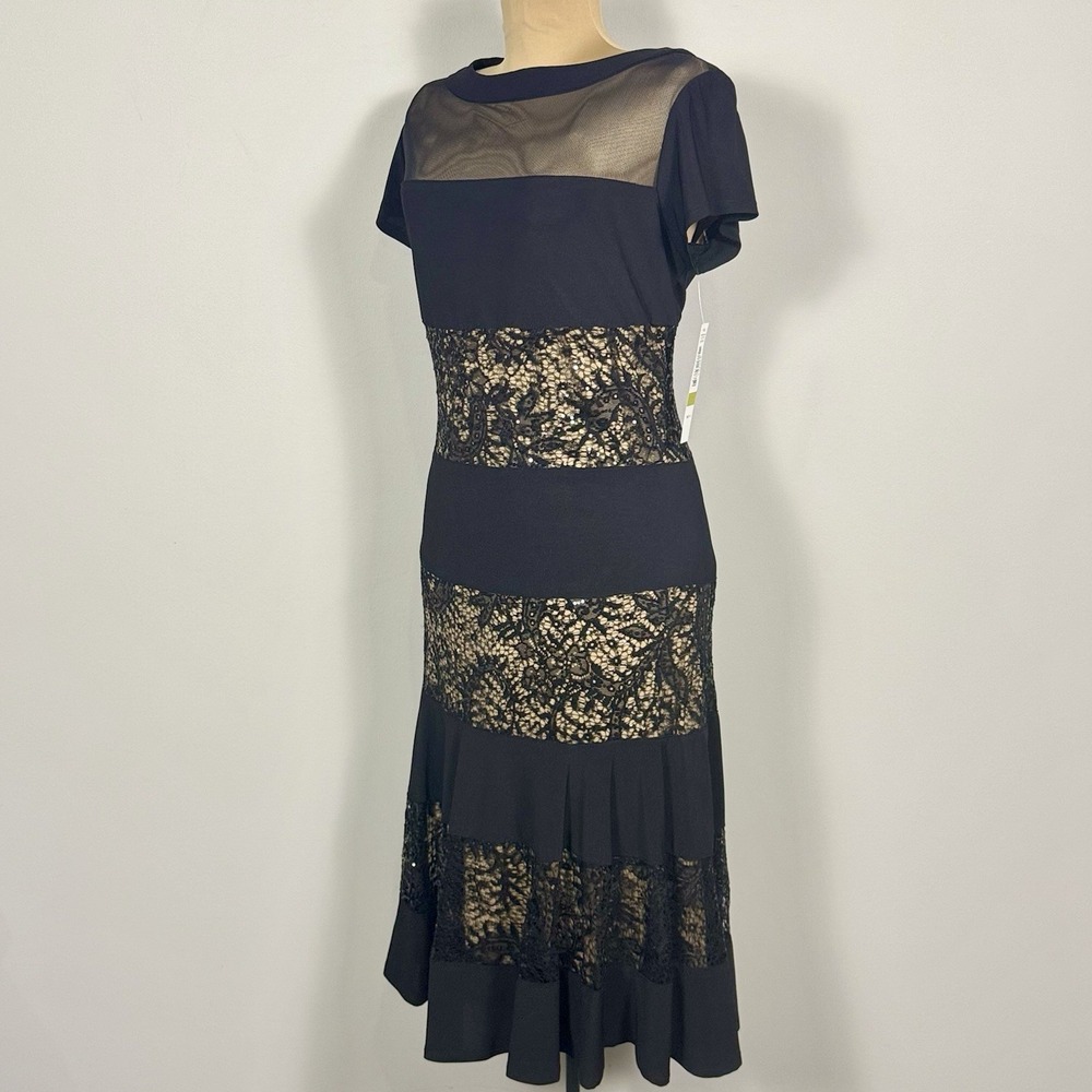 NWT R&M Richards Black Nude Sequin Inset Short Sleeve Midi Flare Dress 14 Party - Picture 4 of 11